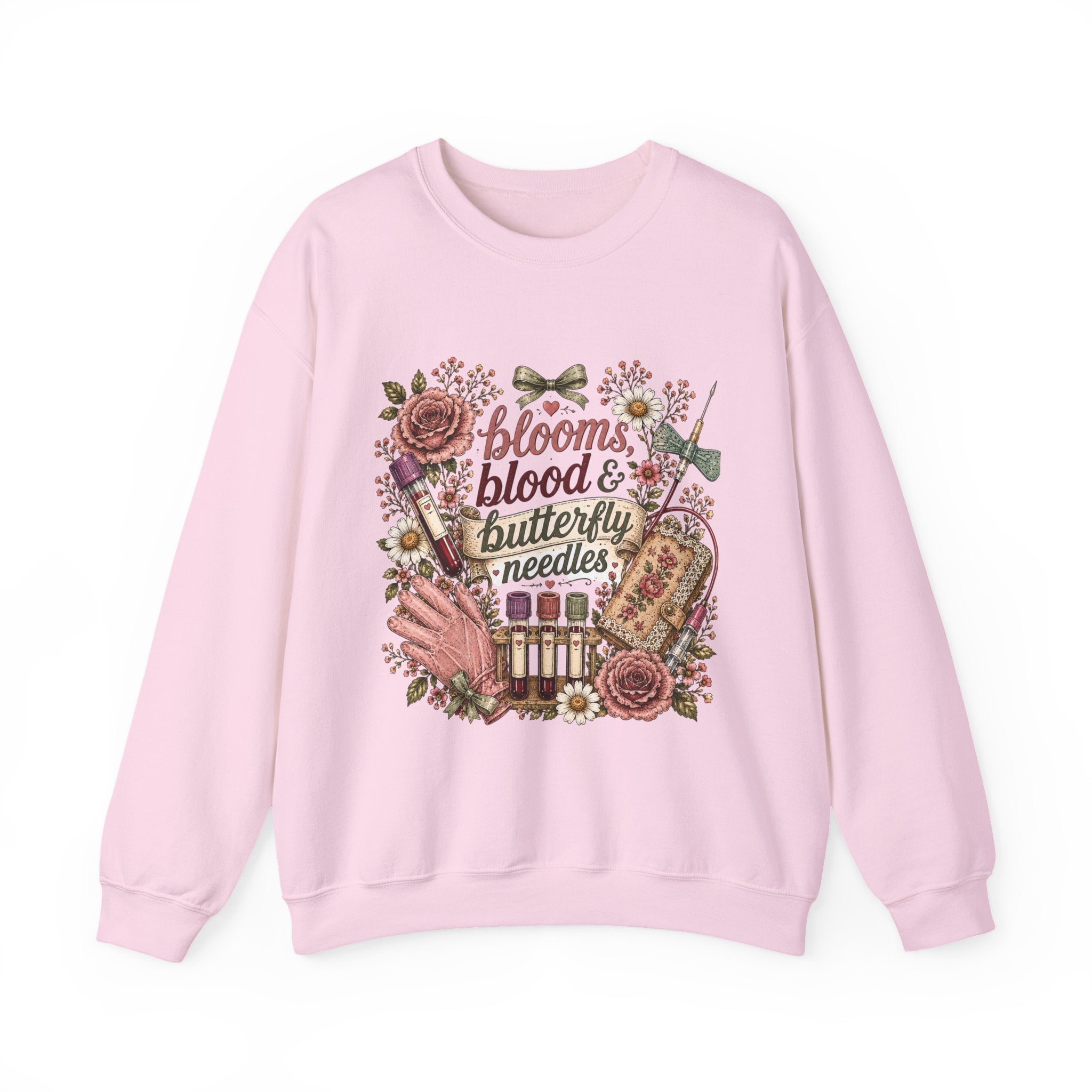 Phlebotomy Crewneck — "Blooms Blood and Butterfly Needles" Cottagecore Sweatshirt