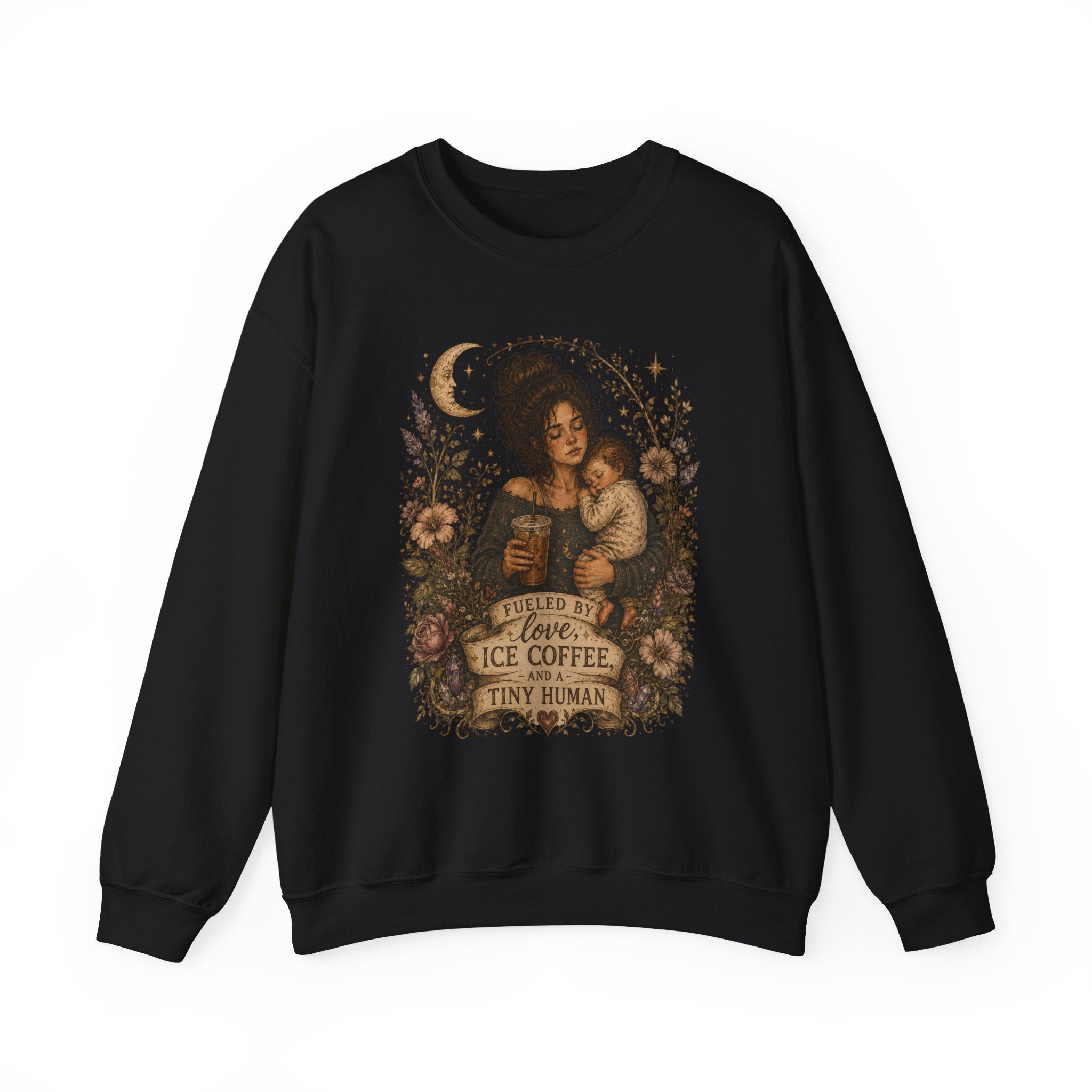 Motherhood Crewneck Sweatshirt — "Fueled by Love, Iced Coffee & a Tiny Human" Vintage Floral