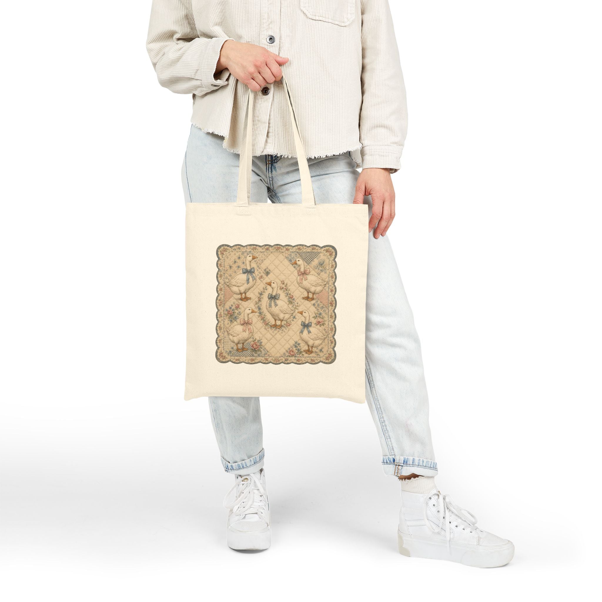 Vintage Geese Quilted Cotton Canvas Tote Bag