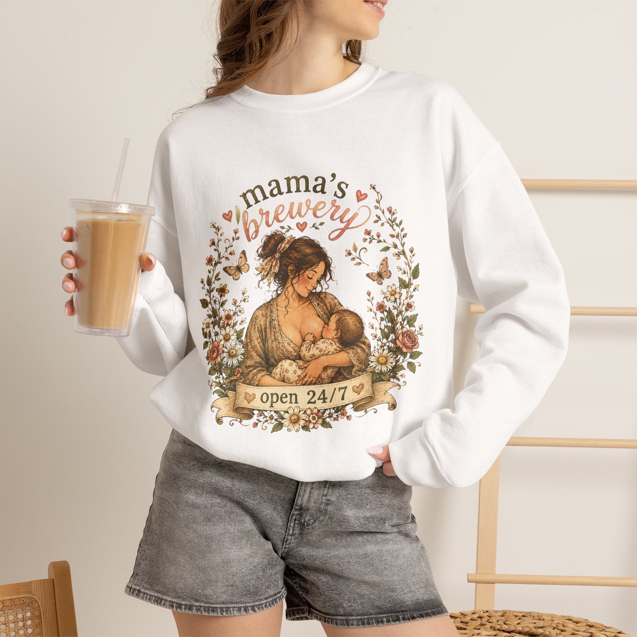 Mama's Brewery Open 24/7 Floral Cottagecore Sweatshirt — Lactating Moms Crewneck