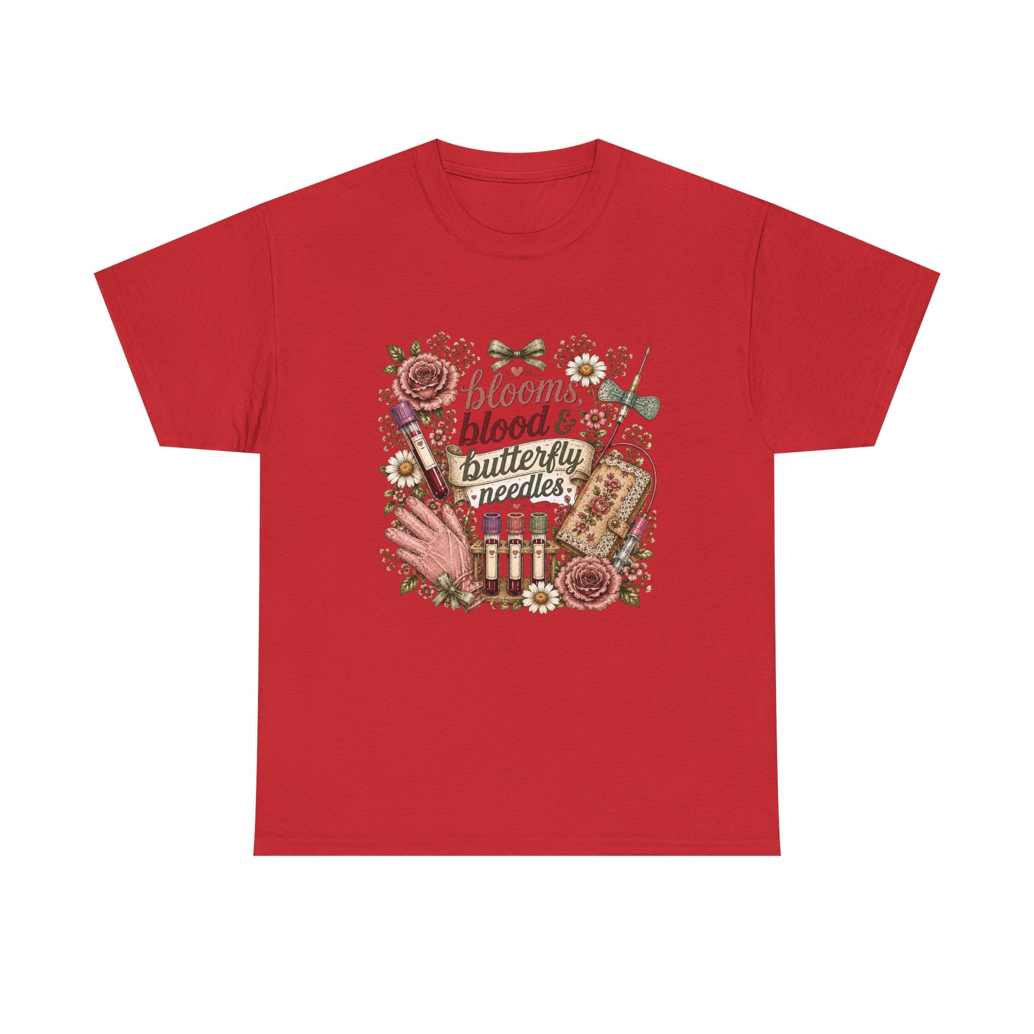 Cottagecore Phlebotomy T-Shirt — "Blooms, Blood, and Butterfly Needles"