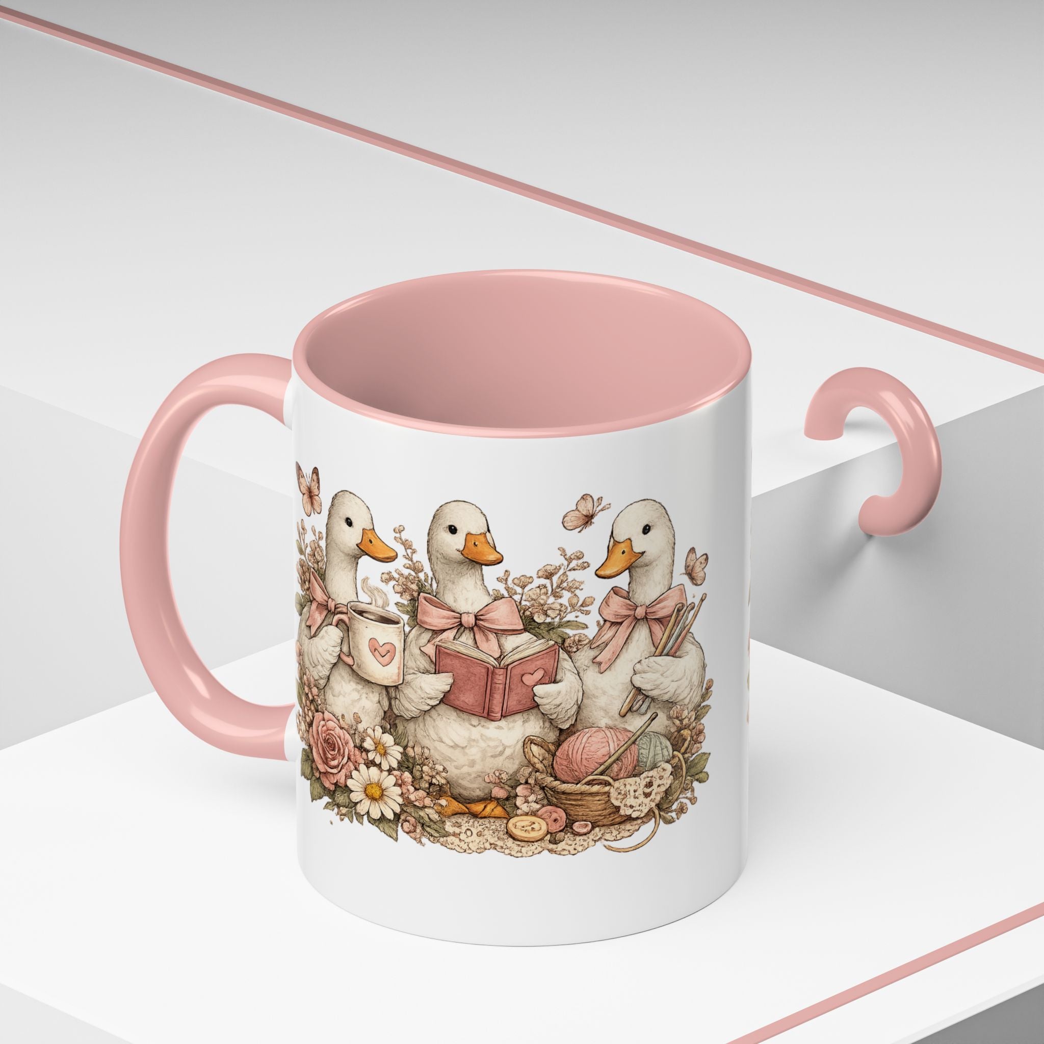 Vintage Geese Coffee Mug — Geese with Books, Coffee & Crochet (11oz)