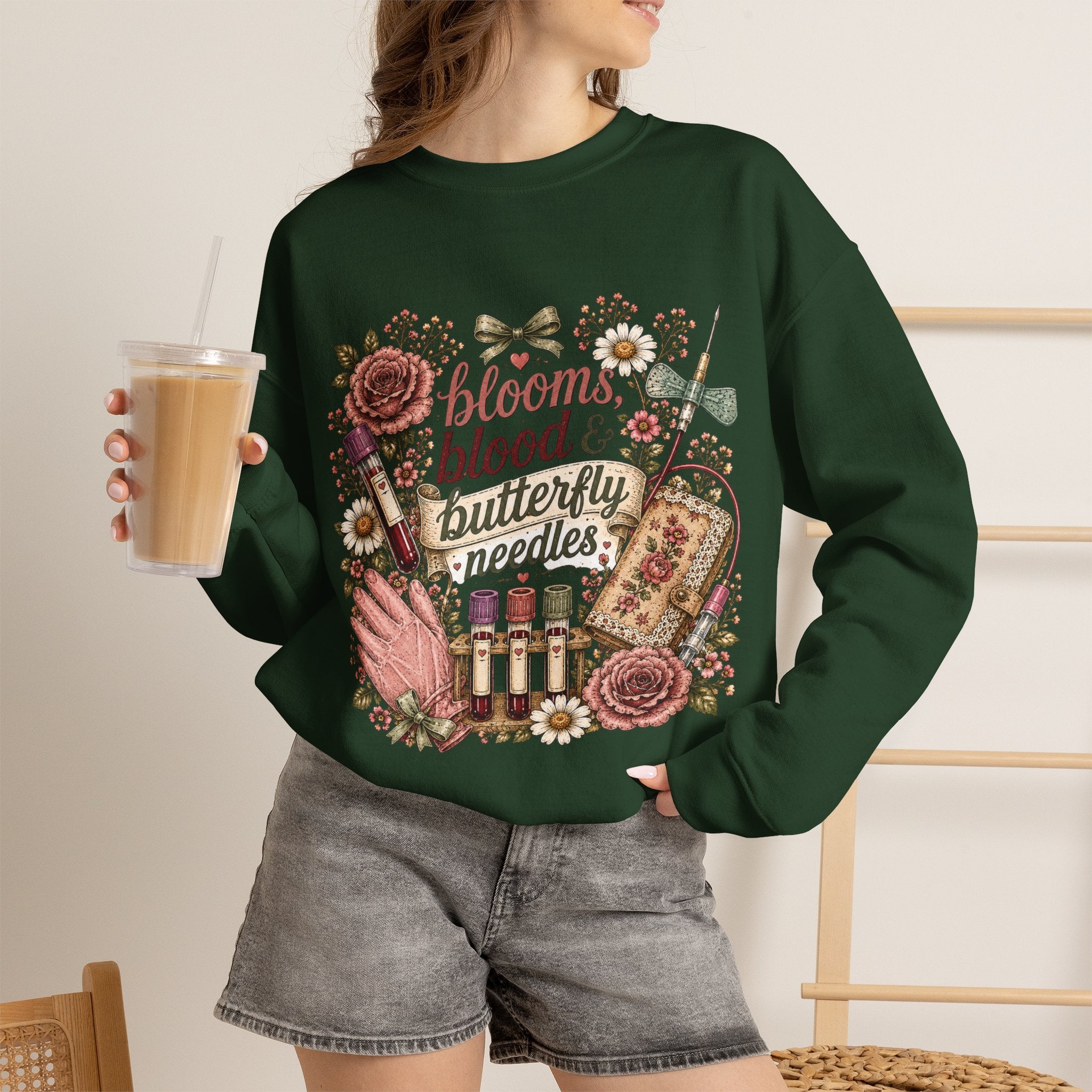 Phlebotomy Crewneck — "Blooms Blood and Butterfly Needles" Cottagecore Sweatshirt