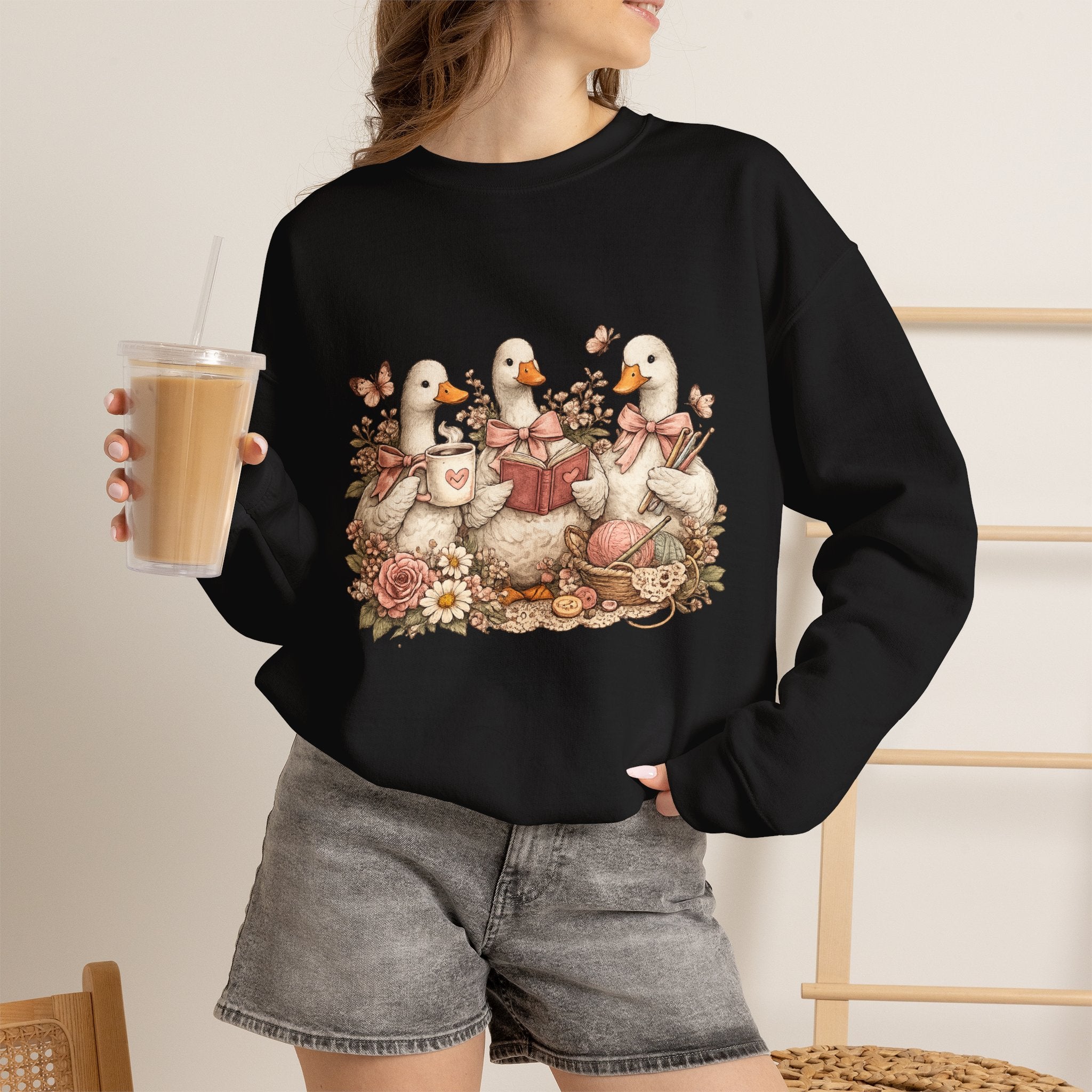 Vintage Geese Crewneck Sweatshirt — Books, Coffee & Crochet Cozy Design