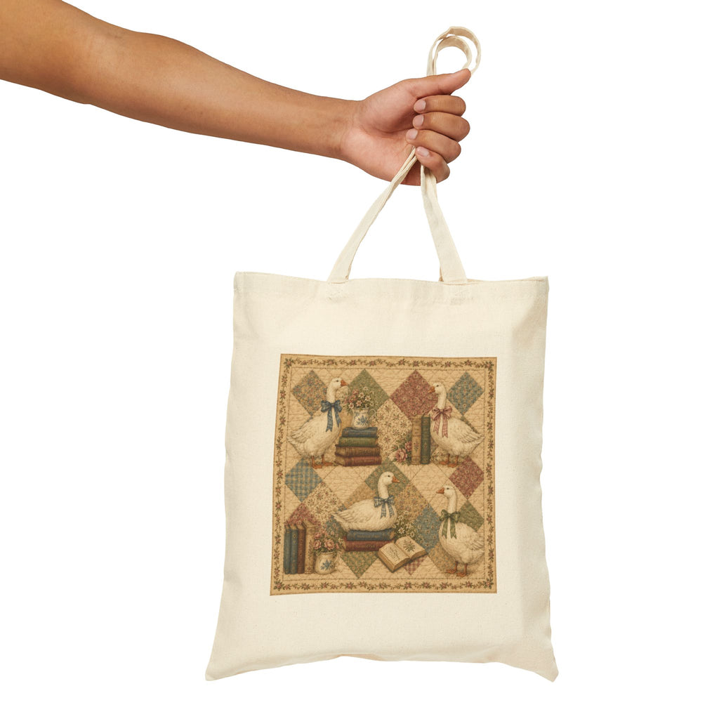 Vintage Geese with Books Cotton Canvas Tote Bag — Quilted Background