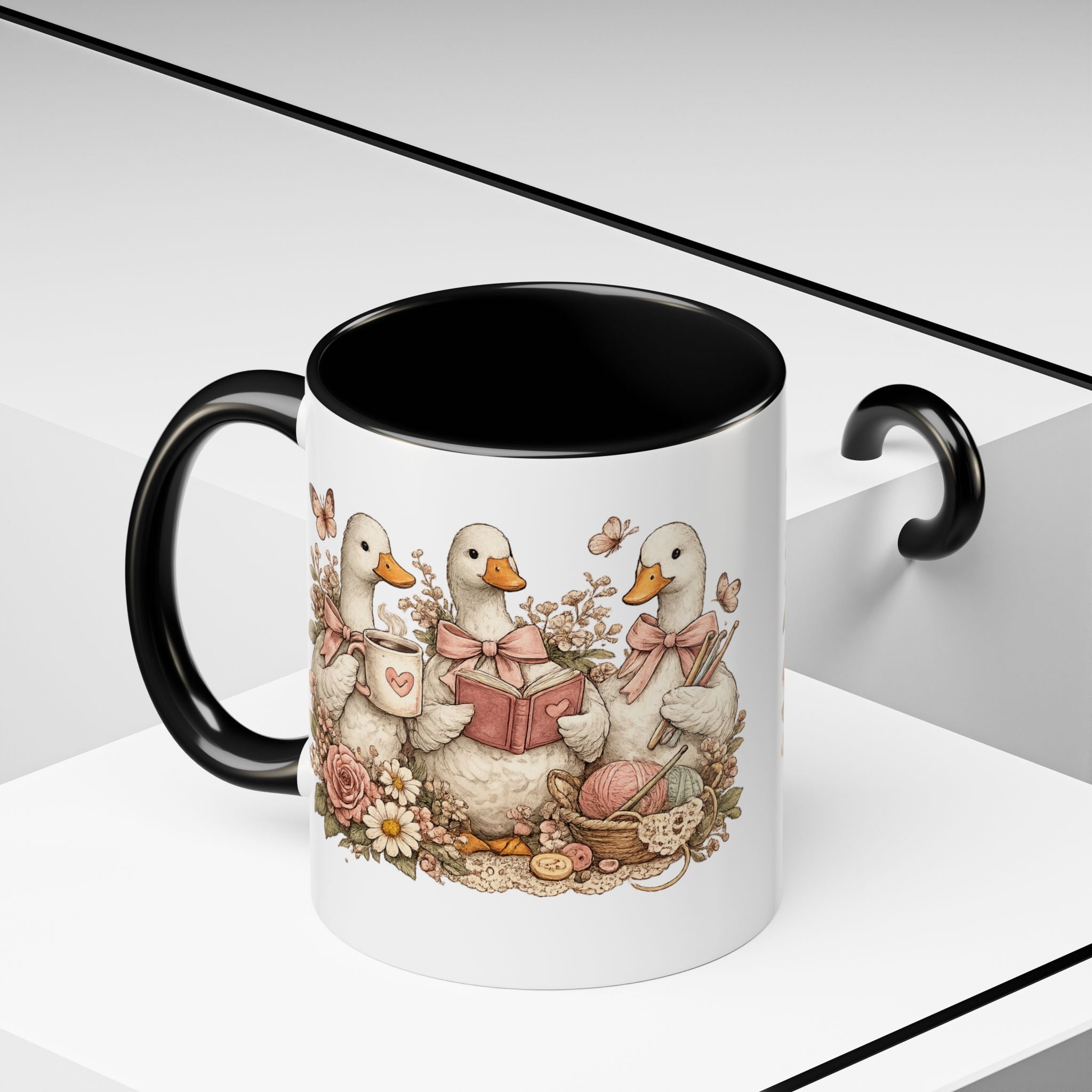 Vintage Geese Coffee Mug — Geese with Books, Coffee & Crochet (11oz)