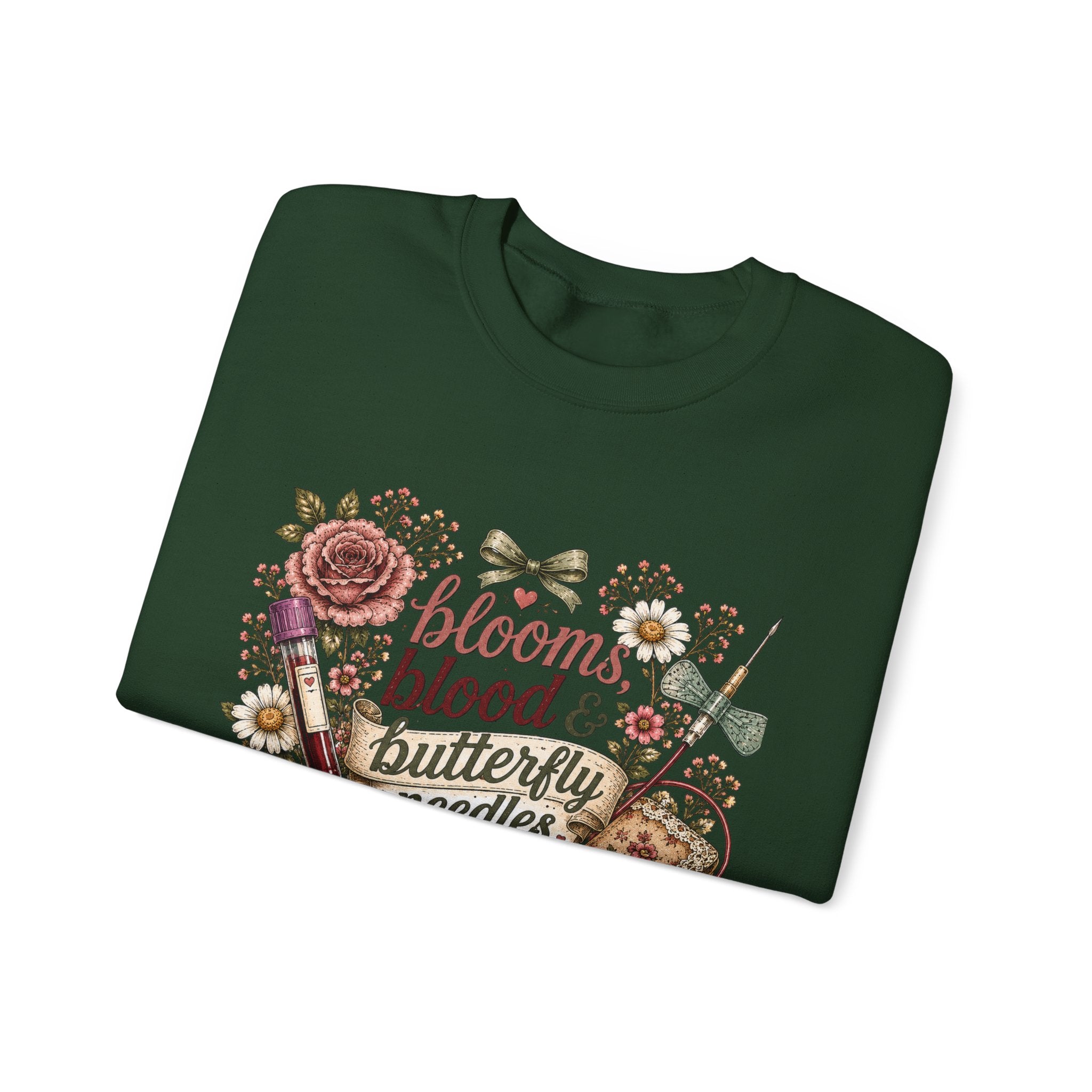 Phlebotomy Crewneck — "Blooms Blood and Butterfly Needles" Cottagecore Sweatshirt