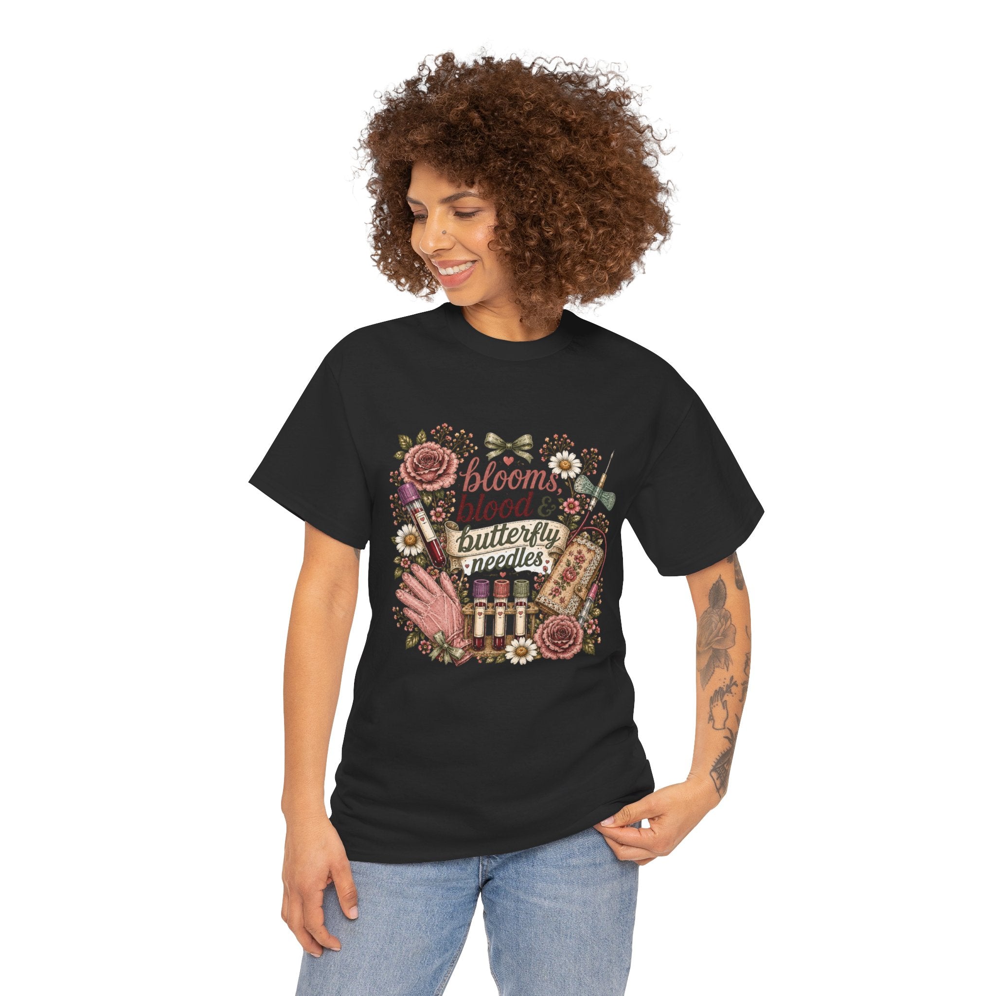Cottagecore Phlebotomy T-Shirt — "Blooms, Blood, and Butterfly Needles"