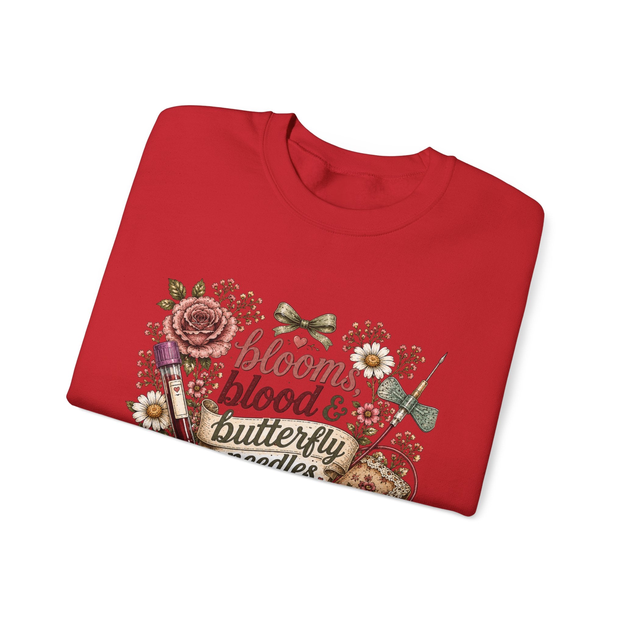 Phlebotomy Crewneck — "Blooms Blood and Butterfly Needles" Cottagecore Sweatshirt