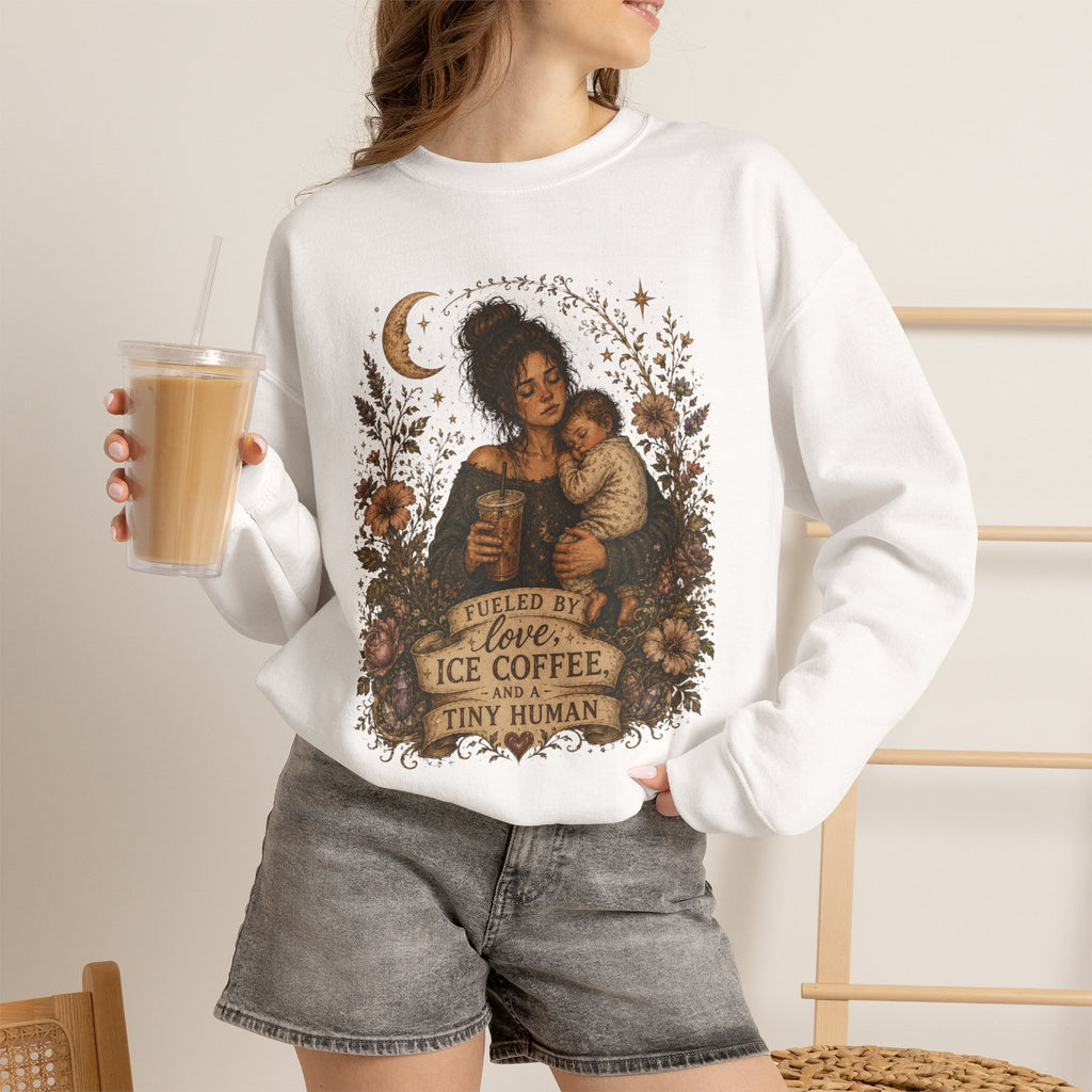 Motherhood Crewneck Sweatshirt — "Fueled by Love, Iced Coffee & a Tiny Human" Vintage Floral