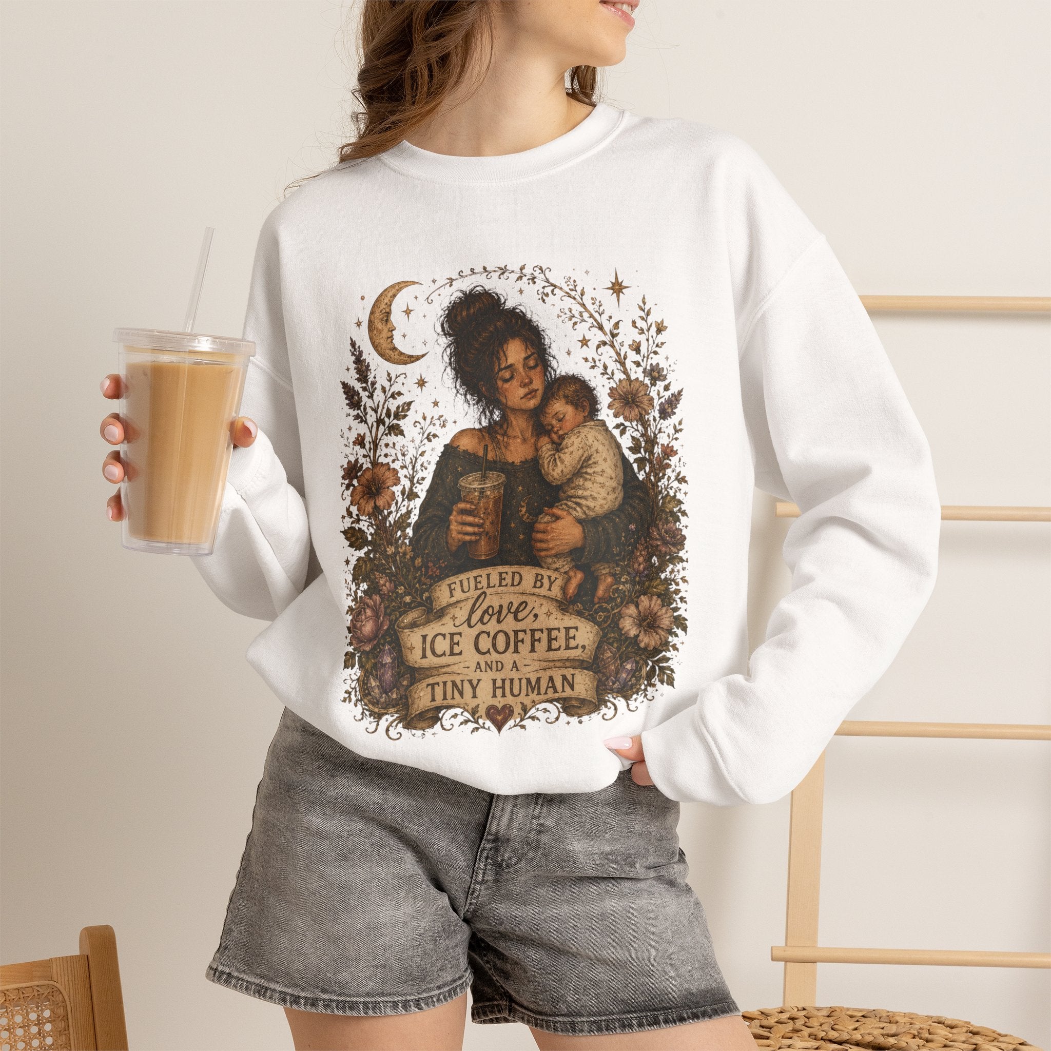 Motherhood Crewneck Sweatshirt — "Fueled by Love, Iced Coffee & a Tiny Human" Vintage Floral
