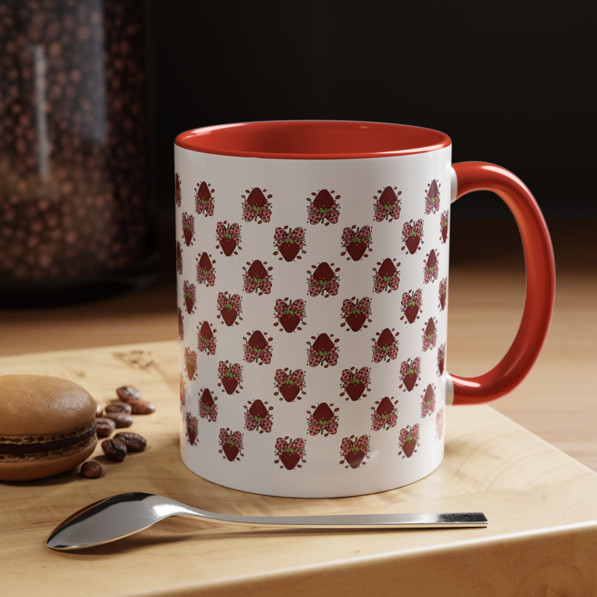 Strawberry Kiss Accent Coffee Mug — Cute Strawberry with Bow & Kiss Lips (11oz)