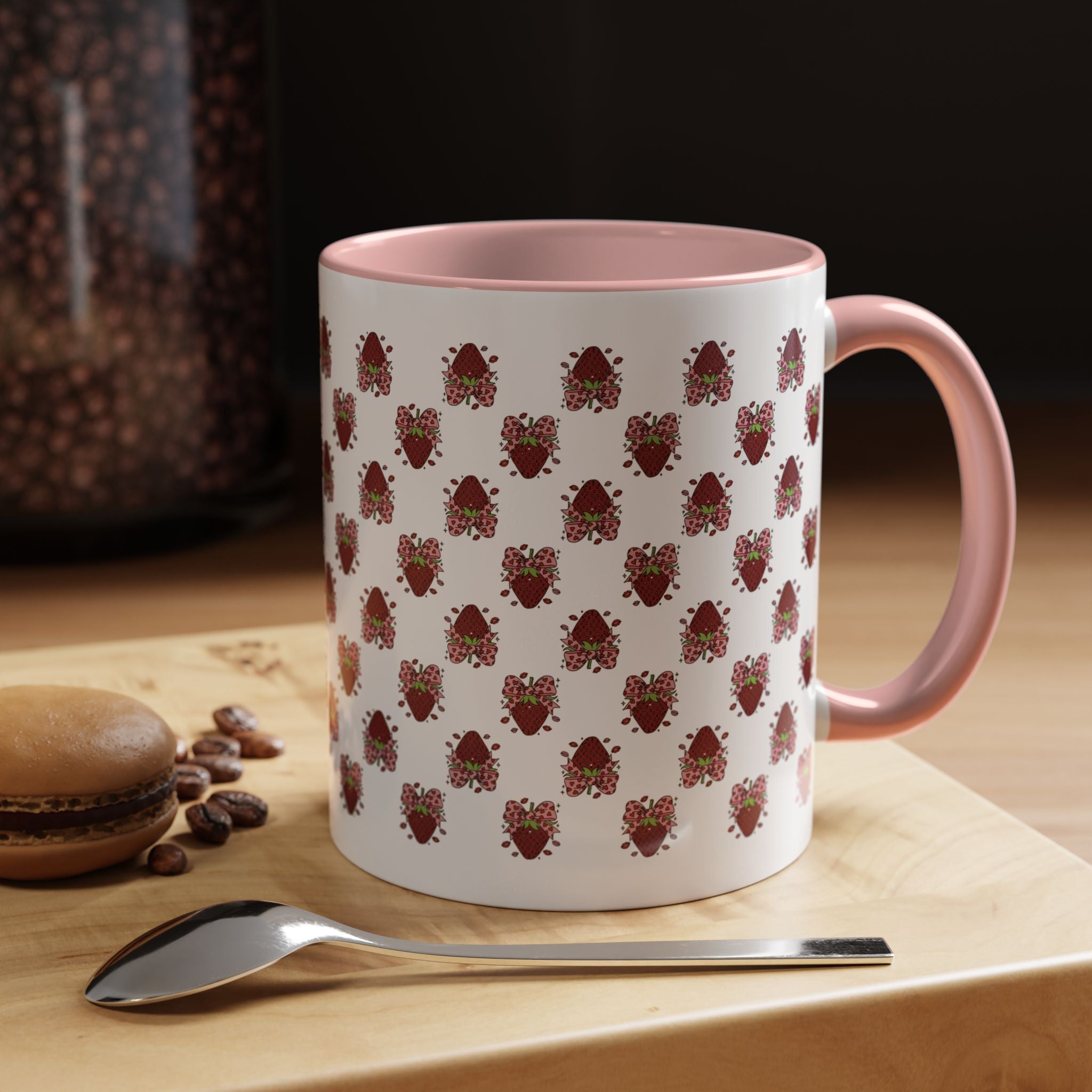 Strawberry Kiss Accent Coffee Mug — Cute Strawberry with Bow & Kiss Lips (11oz)