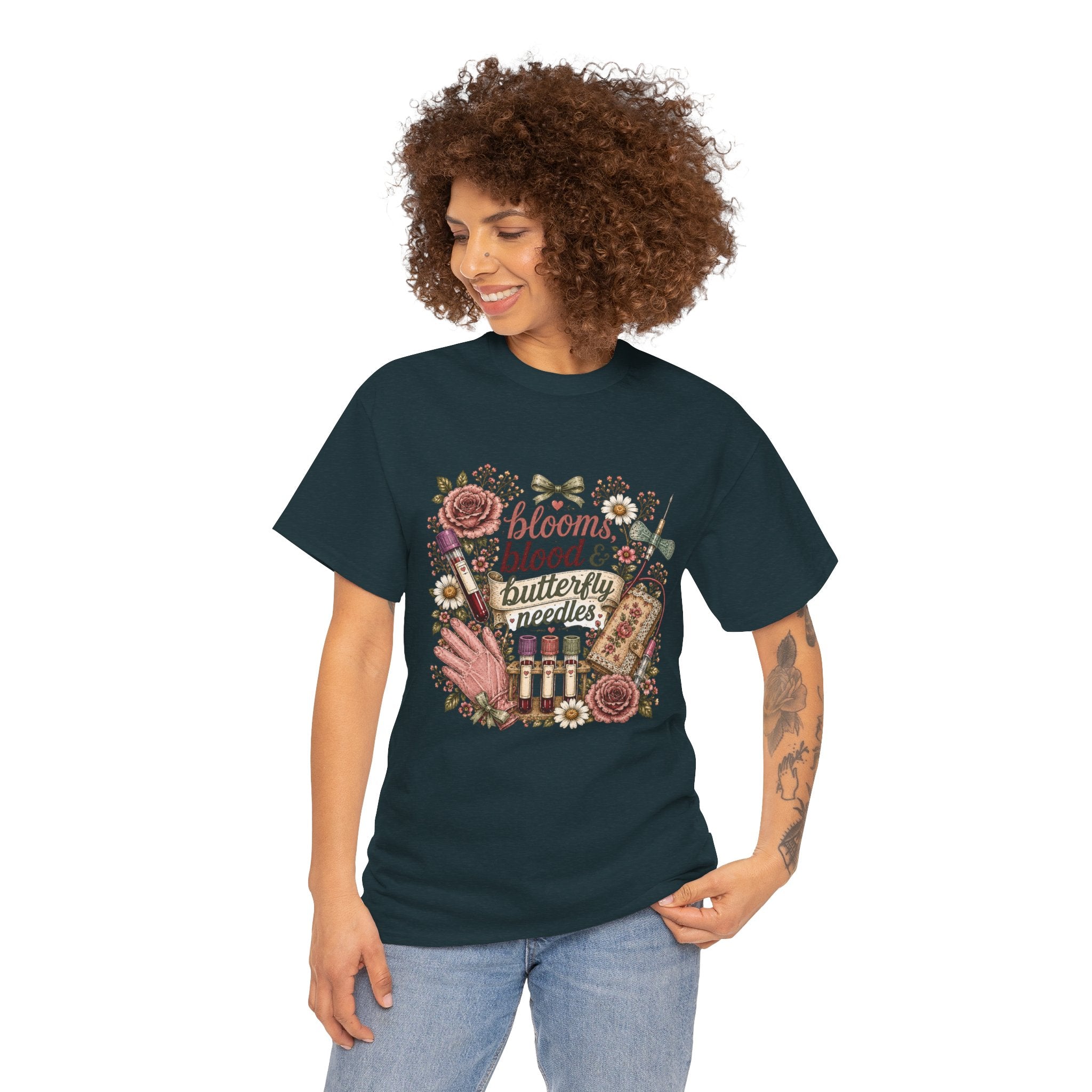 Cottagecore Phlebotomy T-Shirt — "Blooms, Blood, and Butterfly Needles"