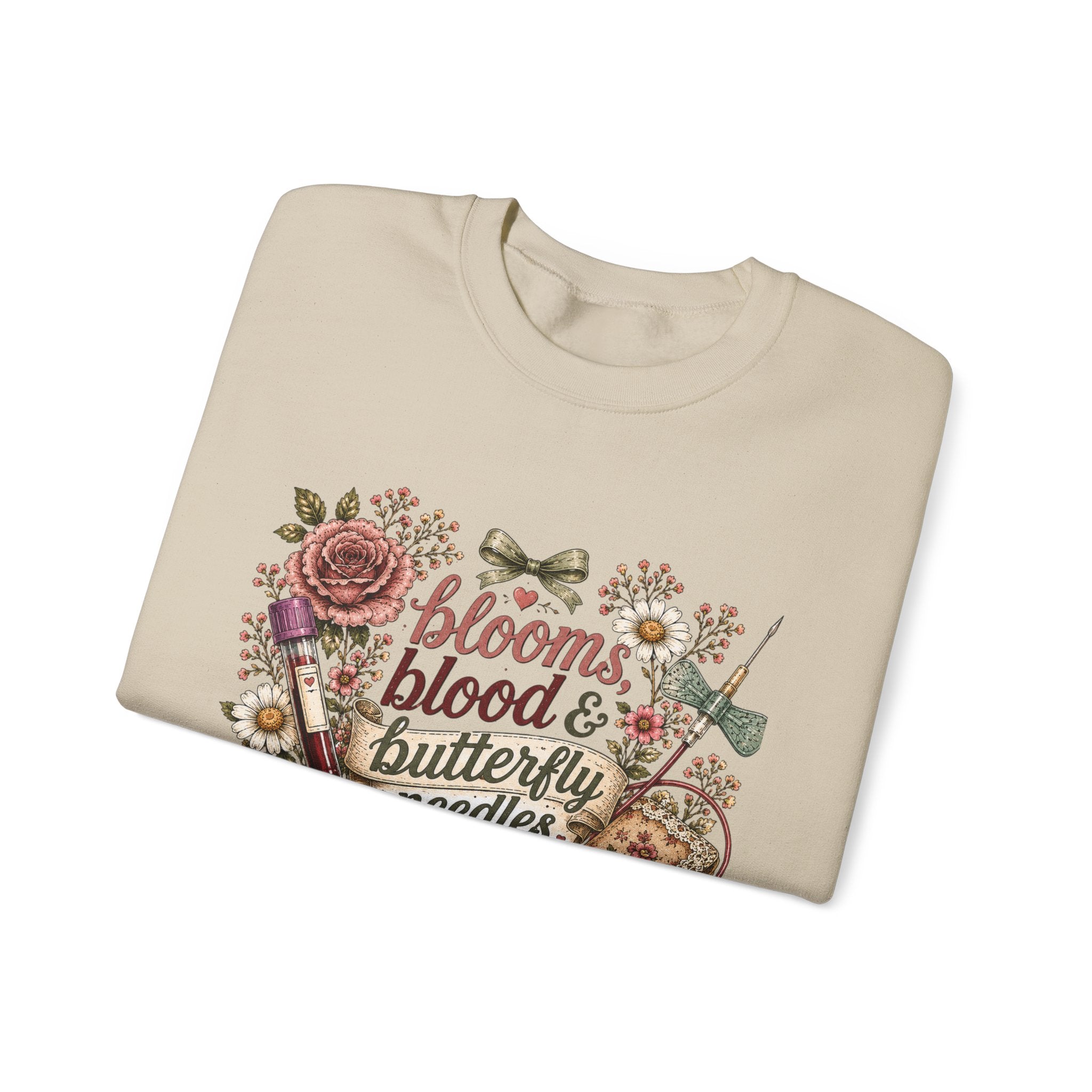 Phlebotomy Crewneck — "Blooms Blood and Butterfly Needles" Cottagecore Sweatshirt